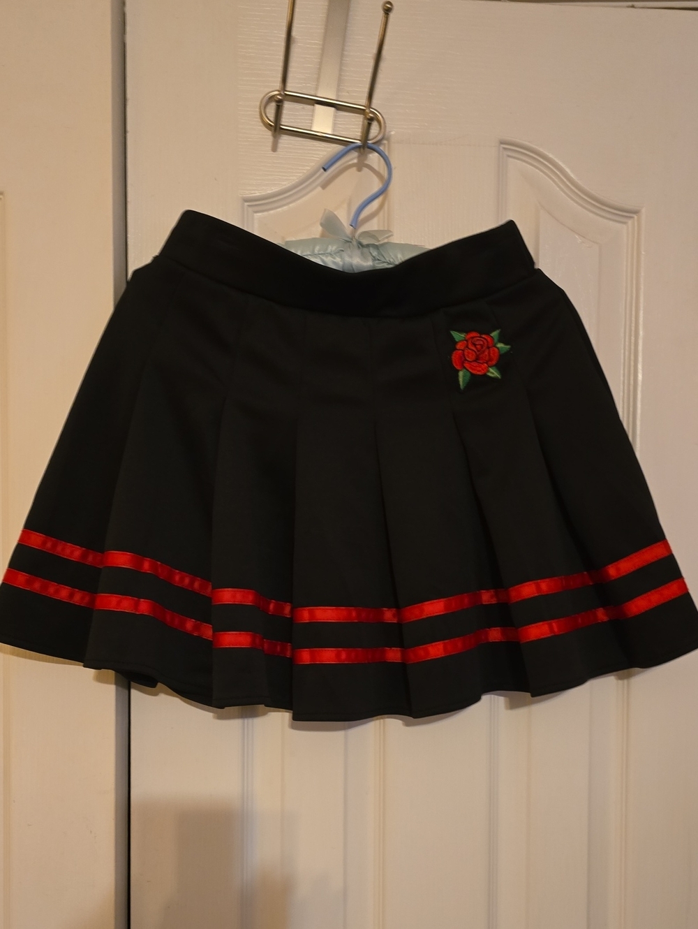 Spencer's Goth Punk Black Pleated Mini Skirt Red Rose Ribbon Detail L